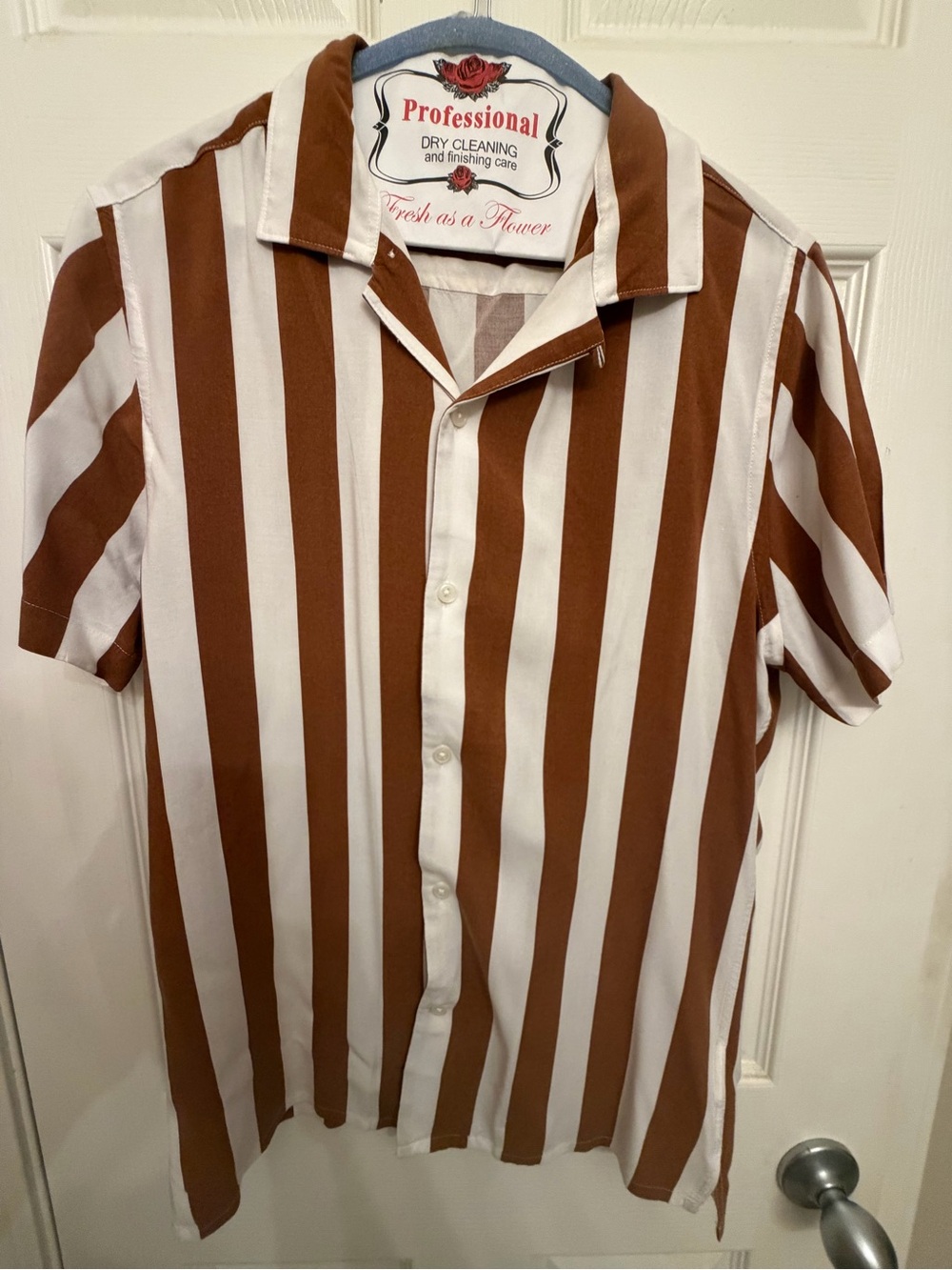 Express Striped Short-Sleeve Button-Up Rayon Shirt in Brown and White